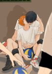  2boys adam's_apple ball between_legs black_hair black_shoes black_shorts blush commentary_request french_kiss haikyuu!! hand_on_another's_head highres hinata_shouyou kageyama_tobio kiss knee_pads knees_up male_focus multiple_boys neoe orange_hair shirt shoes short_hair short_shorts shorts sitting sweat t-shirt twitter_username volleyball_(object) white_shirt white_shoes yaoi 
