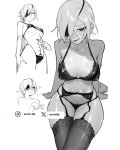  1girl anctrl99 artist_name black_bra black_panties bra breasts chainsaw_man collarbone commentary english_commentary eyepatch garter_belt garter_straps heart heart-shaped_pupils highres lace-trimmed_bra lace-trimmed_panties lace-trimmed_thighhighs lace_trim light_blush light_smile lingerie long_hair looking_at_viewer medium_breasts monochrome multiple_views navel nervous nervous_sweating panties ponytail quanxi_(chainsaw_man) simple_background sitting sweat sweatdrop symbol-shaped_pupils thighhighs thighs twitter_username underwear white_background 