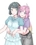  2girls :q ahoge anyoji_hime anyoji_hime_(hasu_no_shoushihenkei_no_kyuujitsu) baggy_pants black_hair black_pants blue_eyes blue_shirt blunt_bangs blunt_ends blush bob_cut closed_mouth commentary crop_top cropped_shirt detached_ahoge dress frilled_dress frills green_eyes highres hug hug_from_behind love_live! love_live!_hasu_no_sora_jogakuin_school_idol_club midriff momose_ginko momose_ginko_(hasu_no_shoushihenkei_no_kyuujitsu) multi-tied_hair multiple_girls navel open_mouth pants pinafore_dress ponytail puffy_short_sleeves puffy_sleeves purple_shirt shirt short_hair short_sleeves sidelocks simple_background sleeveless sleeveless_dress smile tongue tongue_out untranslatable_commentary virtual_youtuber white_background white_dress zangemiya 