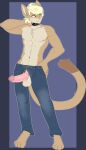 4_toes 5_fingers anthro areola arms_bent athletic athletic_anthro athletic_male balls bangs barefoot belt_collar biped black_collar black_eyebrows blonde_hair blue_background blue_bottomwear blue_clothing blue_jeans blue_pants border bottomwear brown_body brown_fur brown_markings brown_tail_tip buckle buckled_collar casual_erection cheek_tuft chest_tuft closed_smile clothed clothed_anthro clothed_male clothing collar countershade_balls countershade_crotch countershade_face countershade_genitalia countershade_torso countershading denim denim_bottomwear denim_clothing dipstick_tail domestic_cat english_description erection eyebrow_through_hair eyebrows facial_tuft feet felid feline felis fingers front_view full-length_portrait fur genitals glans glistening glistening_genitalia glistening_glans glistening_penis grey_border hair hand_behind_neck hi_res humanoid_genitalia humanoid_hands humanoid_penis iris jeans jeans_only leo_(aguarius) long_tail looking_aside looking_away male male_anthro mammal markings monotone_hair mouth_closed multicolored_body multicolored_fur munkeesgomu navel no_underwear outline outside_border pants pants_only partially_clothed partially_clothed_anthro partially_clothed_male penis penis_poking_out penis_through_fly pink_areola pink_glans pink_nose pink_palms pink_penis pinup pointy_ears portrait pose prick_ears pupils short_hair simple_background smile smirk solo straight_legs tail tail_markings tan_body tan_ears tan_fur tan_tail thin_eyebrows toes topless topless_anthro topless_male translucent translucent_hair tuft urethra white_balls white_body white_countershading white_fur white_inner_ear white_outline white_sclera white_tuft yellow_eyes