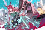  1girl absurdres animal_ears arknights boots commentary creature dutch_angle electric_guitar expressionless gibson_sg guitar highres holding holding_guitar holding_instrument instrument looking_at_viewer microphone rabbit_ears ray_(arknights) ray_(dreaming_high)_(arknights) red_hair sandbeast_(arknights) simsimhea solo white_boots 