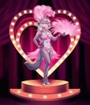 absurd_res anthro bikini burlesque canid canine canis captyns clothing collar crown curtains feather_hat feathers female footwear hand_on_hip happy headgear heart_symbol hi_res high_heels holding_feather jewelry light_bulb luna_roxanne_eclipse mammal performing pink_bikini pink_body pink_clothing pink_collar pink_feathers pink_swimwear shoes showgirl solo sparkles stage swimwear trans_(lore) trans_woman_(lore) two-piece_swimsuit white_clothing white_footwear white_shoes wolf