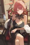  1girl absurdres aru_(blue_archive) bare_shoulders black_dress blue_archive breasts chair chinese_clothes cleavage commentary corded_phone crossed_legs dress english_commentary fritz614 grin halo highres large_breasts long_hair looking_at_viewer mahjong_soul mixed-language_commentary on_chair orange_eyes phone qipao red_halo sitting smile solo very_long_hair 