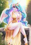 agleo anklet anthro bracelet breasts cleavage clothed clothing crown dress equid equine feathered_wings feathers female footwear friendship_is_magic fur gold_dress hair hasbro headgear hi_res horn jewelry mammal multicolored_hair my_little_pony mythological_creature mythological_equine mythology necklace princess_celestia_(mlp) purple_eyes shoes solo tiara white_body white_fur winged_unicorn wings
