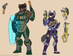 absurd_res ammo_pouch armor bare_arms bear black_hair brown_body brown_fur canid canine canis energy_shield exposed_thighs fur green_armor grenade_launcher grey_body grey_fur gun hair handgun headgear heavy_armor helmet hi_res mammal pistol purple_armor ranged_weapon setriaphtfj submachine_gun weapon wolf