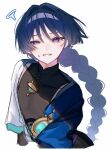  1boy alternate_hair_length_(longer) alternate_hairstyle bishounen black_bodysuit black_hair black_shorts blue_cape blue_gem blue_kimono blue_sleeves blunt_ends bodysuit braid cape choppy_bangs covered_collarbone gem genshin_impact gold hair_intakes japanese_clothes juban kimono layered_sleeves long_hair looking_at_viewer low-braided_long_hair low-tied_long_hair male_focus on28797 open_clothes open_kimono open_mouth purple_eyes scaramouche_(genshin_impact) short_sleeves shorts shoulder_peek side_cape solo squiggle sweatdrop tsurime vision_(genshin_impact) wanderer_(genshin_impact) white_background white_kimono white_mouth white_sleeves 