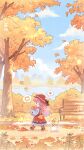  1girl ^^^ absurdres ahoge animal ankle_socks artist_request autumn autumn_leaves bag bench berry black_bow black_ribbon blue_dress boots bow bowtie brown_boots brown_eyes bush cat chibi chinese_commentary cloak clothed_animal commentary_request copyright_name covered_eyes dress ear_covers falling_leaves footwear_ribbon frilled_dress frilled_sleeves frilled_socks frills happy hat hat_bow highres holding holding_bag hood hood_up hooded_cloak lake layered_dress leaf long_hair long_sleeves looking_ahead medium_dress momo_(nikki) newsboy_cap nikki_(nikki) nikki_(series) official_art open_mouth orange_bag orange_socks paper_bag pink_hair pleated_dress puffy_long_sleeves puffy_sleeves red_bow red_bowtie red_dress red_hat ribbon road second-party_source shadow shining_nikki shoulder_bag smile socks speech_bubble spoken_animal spoken_character spoken_object street tabby_cat tareme teeth tree upper_teeth_only very_long_hair walking whiskers white_cat wind yellow_cloak 