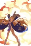  1girl arms_up blonde_hair blue_jacket commentary_request explosion explosion_background full_body garter_straps gloves grey_hat grey_helmet happy hat helmet highres jacket large_hat long_hair norma_hollowell open_mouth purple_eyes shako_cap solo thighhighs very_long_hair watanukimaika41 white_garter_straps white_gloves white_thighhighs zenless_zone_zero 