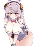  1girl animal_ear_hairband animal_ears blush bow bowtie breasts brown_horns cleavage closed_mouth collar commentary_request cowboy_shot curled_horns detached_collar fake_animal_ears grey_hair hairband highres horns kyuu_(que_9) large_breasts leaning_forward leotard long_hair looking_at_viewer playboy_bunny rabbit_ears red_bow red_bowtie simple_background smile solo stella_sora strapless strapless_leotard virigia_(stella_sora) white_background white_collar white_leotard wrist_cuffs yellow_eyes 