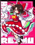  1girl absurdres ascot bow brown_eyes brown_hair brown_shoes character_name chest_sarashi commentary_request detached_sleeves frilled_bow frilled_hair_tubes frilled_skirt frills full_body gohei hair_bow hair_tubes hakurei_reimu highres holding holding_gohei ishiki_nuru long_hair looking_at_viewer red_bow red_skirt ribbon-trimmed_skirt ribbon-trimmed_sleeves ribbon_trim sarashi shoes skirt skirt_set socks solo touhou watermark white_socks yellow_ascot 