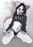 2026 4_toes alternative_fashion anthro black_clothing black_hoodie black_topwear black_underwear blue_eyes bodily_fluids bulge canid canine canis cigarette claws clothed clothed_anthro clothing collar cropped_hoodie digital_media_(artwork) erection eyebrows feet femboy full-length_portrait fur genital_fluids genitals glans grey_background grey_body grey_fur hair half-closed_eyes heterochromia hi_res hood hoodie humanoid_genitalia humanoid_penis kneeling lgag006k043_(artist) looking_at_viewer male male_anthro mammal markings midriff multicolored_body multicolored_fur narrowed_eyes navel pantsless pantsless_male pawpads paws penis penis_poking_out pink_genitals pink_penis portrait precum seductive shaded shirt simple_background slim smile smoke smoking smoking_cigarette solo spots tail text thong toe_claws toes topwear translucent translucent_hair tuft underwear white_body white_fur white_hair