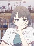  1girl ashtray blue_eyes blue_hair bob_cut breasts cafe chair closed_mouth coffee collared_shirt commentary_request expressionless hand_on_own_cheek hand_on_own_face hand_up head_rest highres indoors kiritani_haruka looking_at_viewer open_clothes open_shirt project_sekai shelf shirt short_hair short_sleeves solo striped_clothes striped_shirt upper_body vertical-striped_clothes vertical-striped_shirt white_shirt yu_yakeno_soko 