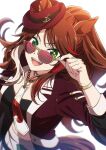  1girl adjusting_eyewear animal_ears black_shirt bracelet breasts brown_hair chain_necktie choker commentary_request ears_through_headwear fang fedora forever_young_(racing)_(umamusume) forever_young_(umamusume) green_choker green_eyes hat highres horse_ears horse_girl horse_tail jacket jewelry long_hair looking_at_viewer medium_breasts midriff multicolored_hair necktie open_mouth purple-tinted_eyewear red-tinted_eyewear red_jacket red_streaks shirt simple_background skirt smile solo streaked_hair sunglasses tail teeth tinted_eyewear umamusume upper_teeth_only uzura_(uzrtamago) white_background white_necktie white_skirt white_streaks 