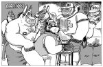 animal_mask anthro asinus backwards_baseball_cap backwards_hat baseball_cap beard billy_fore canid canine canis chain clothing collar donkey equid equine facial_hair genitals gold_(metal) gold_chain group group_sex hat headgear headwear hi_res male mammal mask muscular orgy overalls overweight overweight_male penetration penis pup_gear pup_mask sex shirtless thad_notos wolf