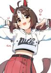  1girl ahoge animal_ears belt black_belt blush brown_eyes brown_hair casual clothes_writing commentary_request cropped_hoodie gran_alegria_(casual)_(umamusume) gran_alegria_(umamusume) hair_between_eyes hair_ornament highres hood hoodie horse_ears horse_girl horse_tail long_belt long_hair looking_at_viewer midriff_peek multicolored_hair open_mouth red_skirt simple_background skirt smile solo star_(symbol) streaked_hair tail teeth tetra_(ktet4_illu) umamusume upper_teeth_only white_hoodie white_streaks x_hair_ornament 