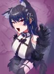  1girl abstract_background absurdres animal_ear_fluff animal_ears animal_hands argyle_clothes argyle_pantyhose asymmetrical_legwear black_necktie black_pantyhose black_thighhighs blush breast_strap breasts cat_ears cat_girl cat_paws clothing_cutout collared_shirt dress_shirt eyelashes fangs feather_trim from_above garter_straps hair_ornament hand_on_own_thigh hand_up highres hololive hololive_english kneeling large_breasts legs_together long_sleeves looking_at_viewer mismatched_legwear mole mole_under_eye necktie nerissa_ravencroft nerissa_ravencroft_(1st_costume) o-ring o-ring_legwear o-ring_thigh_strap open_mouth pantyhose paw_pose purple_background raised_inner_eyebrows red_eyes ribbed_shirt shirt shoulder_cutout single_leg_pantyhose single_thighhigh solo tassel tassel_hair_ornament thigh_strap thighhighs virtual_youtuber white_shirt yodogama 