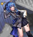  1girl absurdres ahoge belt black_gloves black_skirt black_thighhighs blue_belt blue_eyes blue_hair blue_necktie blue_ribbon blurry blurry_background blush collared_shirt commentary_request crown double-parted_bangs dutch_angle earrings frilled_skirt frills gloves grey_jacket grey_skirt hair_ribbon hand_on_own_hip hand_up highres hololive hoshimachi_suisei hoshimachi_suisei_(1st_costume) jacket jewelry layered_skirt long_sleeves medium_hair mini_crown miniskirt multiple_belts necktie onemore_1more open_mouth partially_fingerless_gloves plaid_clothes plaid_jacket pleated_skirt ribbon salute shirt side_ponytail single_thighhigh skirt skirt_set sleeve_cuffs solo standing star_(symbol) star_earrings star_in_eye swept_bangs symbol_in_eye thighhighs two-finger_salute virtual_youtuber white_shirt 