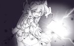  1girl anpolly armor baggy_pants belt_pouch commentary_request cowboy_shot fortress_(sekaiju) fortress_2_(sekaiju) glowing glowing_weapon greyscale hair_between_eyes hammer holding holding_hammer holding_shield long_hair looking_at_viewer monochrome open_mouth pants pouch sekaiju_no_meikyuu sekaiju_no_meikyuu_4 shield sketch solo teeth twintails upper_teeth_only v-shaped_eyebrows weapon 