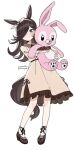  1girl animal_ears blush bow bow_hairband brown_dress brown_hair brown_ribbon casual closed_mouth commentary_request dress flipped_hair full_body hair_over_one_eye hairband holding holding_stuffed_toy horse_ears horse_girl horse_tail long_hair long_sleeves looking_at_viewer purple_eyes ribbon rice_shower_(casual)_(umamusume) rice_shower_(umamusume) saramiao-chan shoes simple_background smile solo stuffed_animal stuffed_rabbit stuffed_toy tail umamusume white_background 