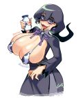  1girl @_@ absurdres alternate_breast_size_(larger) animal_print bags_under_eyes bikini black_dress black_hair blush bottle breasts corset cow_print cow_print_bikini dress earrings gerph hair_between_eyes hex_maniac_(pokemon) hex_maniac_(pokemon_legends:_z-a) highres huge_breasts jewelry juliet_sleeves large_breasts large_earrings long_hair long_sleeves looking_at_viewer milk_bottle moomoo_milk neck_ribbon open_mouth pearl_earrings pokemon pokemon_legends:_z-a print_bikini puffy_sleeves purple_eyes purple_lips purple_nails purple_ribbon ribbon signature simple_background smile solo sphere_earrings swimsuit tongue tongue_out toon_(style) 