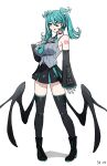  1girl absurdres aqua_eyes aqua_hair aqua_necktie arm_tattoo black_thighhighs boots breasts commentary cosplay daydarion detached_sleeves elira_pendora english_commentary full_body hair_between_eyes hand_on_own_chest hatsune_miku hatsune_miku_(cosplay) head_wings heterochromia high_heel_boots high_heels highres large_breasts low_wings necktie nijisanji nijisanji_en parted_lips pleated_skirt purple_eyes simple_background skirt solo star-shaped_pupils star_(symbol) symbol-shaped_pupils tattoo thighhighs twintails virtual_youtuber vocaloid white_background wings 