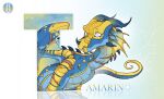 2026 ambiguous_gender blind blue_body blue_scales chest_scar cloudy_mark countershade_torso countershading disability dragon english_text european_mythology eyelashes facial_horn feral frill_(anatomy) hi_res horn long_neck markings membrane_(anatomy) membranous_frill membranous_wings mythological_creature mythological_scalie mythology neck_scar nose_horn nose_spike rainwing_(wof) scales scalie scar simple_background snout solo spikes spikes_(anatomy) tail tail_scar tamarin_(wof) text western_dragon wing_scar wings wings_of_fire yellow_body yellow_scales