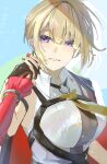  2girls absurdres arm_strap astra_yao black_gloves black_jacket blonde_hair bracelet breasts chest_harness commentary_request evelyn_chevalier floating_neckwear gloves gold_bracelet harness highres holding_hands jacket jacket_on_shoulders jewelry kaki_ask large_breasts looking_at_viewer mole mole_under_eye multiple_bracelets multiple_girls necktie parted_lips purple_eyes red_nails shirt smile white_shirt yellow_necktie zenless_zone_zero 