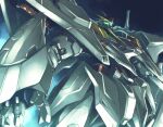  black_background commentary glowing glowing_eyes green_eyes gundam gundam:_hathaway's_flash highres kato_takuji mecha mecha_focus mobile_suit no_humans original robot science_fiction solo v-fin xi_gundam 
