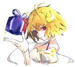  1girl antenna_hair arcueid_brunestud bare_shoulders blonde_hair blush breasts choker cleavage commentary_request crescent crescent_hair_ornament detached_sleeves dress fate/grand_order fate_(series) floating_ribbon gift gloves gold_trim hair_between_eyes hair_ornament hand_up head_tilt highres looking_at_viewer magical_girl mikanha346 open_hand phantas-moon puffy_detached_sleeves puffy_sleeves red_eyes ribbon short_hair simple_background single_hair_intake smile solo sparkle upper_body white_choker white_dress white_gloves white_ribbon white_sleeves 
