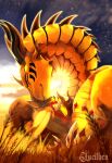 2023 absurd_res ambiguous_gender crown dragon duo european_mythology eyes_closed facial_horn feral head_down headgear hi_res hivewing_(wof) horn long_neck lucithen lying markings mythological_creature mythological_scalie mythology nose_horn nose_spike on_front scales scalie shaded smile snout spikes spikes_(anatomy) sunrise wasp_(wof) watermark western_dragon wings_of_fire yellow_body yellow_scales