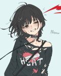  1girl alternate_costume astrae_oratio belt_collar black_collar black_hair black_shirt blood blue_background blunt_bangs bra_strap breasts character_name collar collarbone ear_piercing english_text floating_hair haibara_nono hair_ornament hairclip heart highres leash long_sleeves looking_at_viewer medium_breasts medium_hair nosebleed one_eye_closed open_mouth piercing print_shirt shirt simple_background solo sweat teeth tinkie torn_clothes torn_shirt upper_body wind 