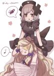  2girls absurdres animal_print bird_print black_bow black_dress bow closed_eyes commentary_request dress eyepatch grey_hair hair_ornament hat highres lap_pillow long_hair magical_girl mahou_shoujo_ikusei_keikaku mahou_shoujo_ikusei_keikaku_restart multiple_girls musical_note nurse_cap open_mouth pfle purple_bow red_bow shadowgale short_hair smile spoken_musical_note spoken_squiggle squiggle v8y_vkaname wide_sleeves x_hair_ornament yellow_bow yellow_eyes yuri 