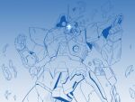 armor breaking build_burning_gundam clenched_hands commentary_request crack dom_(mobile_suit) glowing glowing_eyes gundam gundam_build_fighters gundam_build_fighters_try kaneko_naoya looking_at_viewer mecha mecha_focus mobile_suit monochrome no_humans robot science_fiction solo v-fin 
