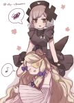  2girls animal_print bird_print black_bow black_dress bow closed_eyes commentary_request dress eyepatch grey_hair hair_ornament hat highres lap_pillow long_hair magical_girl mahou_shoujo_ikusei_keikaku mahou_shoujo_ikusei_keikaku_restart multiple_girls musical_note nurse_cap open_mouth pfle purple_bow red_bow shadowgale short_hair smile spoken_musical_note spoken_squiggle squiggle v8y_vkaname wide_sleeves x_hair_ornament yellow_bow yellow_eyes yuri 