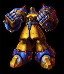  1boy black_background black_eyes clenched_hands closed_mouth commentary facial_hair full_body general_(mega_man) hat highres looking_ahead male_focus mecha mecha_focus mega_man_(series) mega_man_x4 mega_man_x_(series) mustache no_humans peaked_cap robot shoulder_spikes simple_background solo spikes standing taedu yellow_hat 