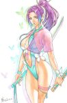  1girl aqua_eyes aqua_one-piece_swimsuit aqua_wrist_cuffs breasts cleavage commentary cowboy_shot dated english_commentary flower hair_ribbon highleg highleg_one-piece_swimsuit highres holding holding_sheath holding_sword holding_weapon homare_(fool's_art) large_breasts long_hair looking_at_viewer marker_(medium) marvel marvel_rivals midriff navel official_alternate_costume one-piece_swimsuit painting_(medium) parted_bangs parted_lips plunging_neckline ponytail psylocke psylocke_(breezy_butterfly) purple_hair ribbon scan see-through_clothes see-through_shirt sheath shirt short_sleeves signature solo swimsuit sword thigh_strap thighs tied_shirt traditional_media watercolor_(medium) weapon white_background white_flower wrist_cuffs x-men 