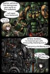  2boys 2girls absurdres adeptus_astartes armor astra_militarum blue_eyes commentary english_commentary english_text highres holding holding_weapon iron_hands_(warhammer) multiple_boys multiple_girls octosoup power_armor salamanders_(warhammer) speech_bubble warhammer_40k weapon 