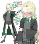  1girl black_robe black_skirt blonde_hair blush breasts brown_shoes collared_shirt commentary crying crying_with_eyes_open diagonal-striped_clothes diagonal-striped_necktie earrings fang genderswap genderswap_(mtf) green_eyes green_necktie green_robe grey_socks grey_sweater harry_potter_(series) highres hogwarts_school_uniform holding holding_wand hoop_earrings jewelry kneehighs kokonut_gag korean_text loafers long_hair looking_at_viewer malfoid multiple_views necktie open_mouth pleated_skirt robe school_uniform shirt shoes simple_background skirt slytherin smile socks striped_clothes striped_necktie sweater tears translation_request two-sided_fabric two-sided_robe wand white_background white_shirt wizarding_world 