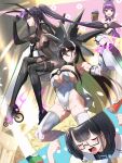  4girls absurdres animal_ear_hairband animal_ears beer_can black_hair bodysuit bow bowtie breast_strap breasts brown_bodysuit can carrot_costume cleavage closed_mouth colored_inner_hair crotch_zipper drink_can fake_animal_ears fake_tail flora_(fairy_rabbit)_(nikke) flora_(nikke) flower flower_pot fune_(fune83ojj) glasses gloves goddess_of_victory:_nikke green_bow green_hair green_streaks guilty_(mighty_bunny)_(nikke) guilty_(nikke) hair_between_eyes hair_ornament hairband highres holding holding_flower_pot huge_breasts inline_skates large_breasts latex latex_bodysuit latex_gloves leotard long_hair mana_(drunken_rabbit)_(nikke) mana_(nikke) mask mechanical_gloves mouth_mask multicolored_hair multiple_girls nontraditional_playboy_bunny official_alternate_costume open_mouth playboy_bunny ponytail power_gloves purple_eyes purple_hair purple_visor_cap rabbit_ear_hairband rabbit_ears rabbit_tail roller_skates see-through_bodysuit see-through_clothes semi-rimless_eyewear sin_(nikke) sin_(swift_bunny)_(nikke) skates smile streaked_hair tail thighhighs twintails under-rim_eyewear undersized_breast_cup very_long_hair visor_cap visor_lift white_leotard white_thighhighs 