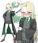 1girl black_robe black_skirt blonde_hair blush breasts brown_shoes collared_shirt commentary crying crying_with_eyes_open diagonal-striped_clothes diagonal-striped_necktie earrings fang genderswap genderswap_(mtf) green_eyes green_necktie green_robe grey_socks grey_sweater harry_potter_(series) highres hogwarts_school_uniform holding holding_wand hoop_earrings jewelry kneehighs kokonut_gag korean_text loafers long_hair looking_at_viewer malfoid multiple_views necktie open_mouth pleated_skirt robe school_uniform shirt shoes simple_background skirt slytherin smile socks striped_clothes striped_necktie sweater tears translation_request two-sided_fabric two-sided_robe wand white_background white_shirt wizarding_world 