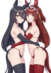  2girls absurdres ahoge animal_ears bikini black_bikini black_thighhighs breast_press breasts cowboy_shot dewanewbie elbow_gloves frilled_veil gloves highres horse_ears horse_girl horse_tail long_hair manhattan_cafe_(umamusume) medium_breasts multiple_girls red_bikini red_desire_(umamusume) red_hair red_thighhighs sidelocks standing swimsuit symmetrical_docking tail thighhighs umamusume yellow_eyes 