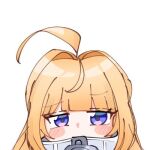  1girl ahoge blonde_hair blush commentary_request huge_ahoge long_hair looking_at_viewer lowres norma_hollowell popohamu49 portrait purple_eyes simple_background solo white_background zenless_zone_zero 