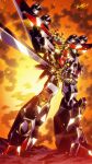  artist_name babamba commentary_request dated explosion explosion_background fire_dagwon full_body highres holding holding_sword holding_weapon lens_flare mecha mecha_focus mechanical_wings no_humans robot science_fiction signature standing super_robot sword weapon wings yuusha_series yuusha_shirei_dagwon 