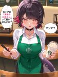 1girl absurdres apron barista black_choker black_hair black_pants blush breasts cafe choker collarbone colored_inner_hair commentary_request cup disposable_cup ellen_joe fins fish_tail frappuccino green_apron highres jorgeywater large_breasts looking_at_viewer mole mole_under_eye multicolored_hair pants pen red_eyes red_hair red_nails shark_girl shark_tail sharp_teeth short_hair speech_bubble starbucks tail teeth translated zenless_zone_zero 