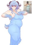 2026 2_horns 3:4 absurd_res adjusting_clothing ahoge alternate_form animal_humanoid back_rolls bangs big_breasts blue_body blue_clothing blue_dress blue_fur blue_hair blush blush_lines bovid bovid_humanoid breasts butt caprine caprine_humanoid claws cleavage clothed clothing curved_horn curvy_figure digital_media_(artwork) dress eyelashes female form_fitting fur ganyu_(genshin_impact) genshin_impact gloves_(marking) hair hi_res horizontal_pupils horn humanoid humanoidized kaidapai light_body light_skin looking_down looking_down_at_self love_handles mammal mammal_humanoid markings mihoyo mole_(marking) mole_on_arm mole_on_breast mole_on_neck nipple_outline overweight overweight_female overweight_humanoid photo_reference portrait pupils purple_eyes redraw reference_image reference_inset rin_fujisaki_dress_meme scut_tail short_tail side_bangs side_boob side_view simple_background slightly_chubby slightly_chubby_female slightly_chubby_humanoid solo standing tail thick_thighs three-quarter_portrait tight_clothing tight_dress white_background