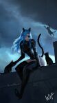  1girl animal_ears animal_print arm_guards arm_support armor armored_boots black_bodysuit black_boots black_cat black_tail black_thighhighs blue_cat_(dongho_kang) blue_eyes blue_hair bodysuit boots breastplate breasts cat cat_ears cat_girl cat_print cat_tail cloud cloudy_sky dongho_kang eyelashes eyepatch fake_animal_ears full_body grey_sky grin hand_on_animal high_heel_boots high_heels highres lips long_hair looking_at_animal looking_down medium_breasts nose one_eye_covered original outdoors paw_print print_eyepatch realistic shoe_soles shoulder_armor sidelocks sitting sky smile solo tail tail_raised thick_thighs thigh_armor thighhighs thighs third-party_source unfinished 