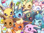  blue_background blue_eyes blush bottle bright_pupils brown_eyes chaimo_box closed_mouth commentary_request eevee espeon flareon food glaceon highres holding holding_bottle jolteon leafeon licking_lips no_humans open_mouth pokemon pokemon_(creature) purple_eyes red_eyes shaved_ice smile sylveon tongue tongue_out umbreon vaporeon white_pupils 