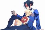  2boys arm_support bal09853549800 black_hair blonde_hair blue_bodysuit blue_jacket bodysuit burn_scar closed_eyes commentary cup cyberpunk:_edgerunners cyberpunk:_edgerunners_2 cyberpunk_(series) d_(cyberpunk) drunk earrings eyebrow_cut highres holding holding_cup jacket jewelry long_sleeves male_focus multiple_boys open_mouth parted_bangs red_shirt roman_carax scar scar_on_face shirt short_hair short_sleeves shorts simple_background sitting sleeping untranslatable_commentary white_background 