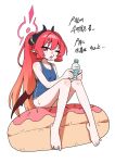  1girl alternate_costume alternate_hairstyle barefoot black_horns blue_archive blue_one-piece_swimsuit bottle breasts commentary_request curled_horns dakbosal demon_girl demon_horns demon_wings donut_innertube full_body furrowed_brow gradient_hair halo high_ponytail holding holding_bottle horns innertube junko_(blue_archive) knees_together_feet_apart korean_text long_hair low_wings multicolored_hair on_innertube one-piece_swimsuit one_eye_closed open_mouth orange_hair pointy_ears ponytail print_innertube red_eyes red_hair red_halo simple_background sitting small_breasts solo swim_ring swimsuit toes water_bottle wet white_background wings 