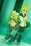  1boy 1girl black_sailor_collar black_shorts blonde_hair bow brother_and_sister column commentary_request dream_pool dutch_angle full_body green_eyes hair_bow hand_on_own_knee headset highres indoors kagamine_len kagamine_rin leaning_forward midriff namazakana_yeah necktie pillar pool sailor_collar shoes short_hair shorts shoulder_tattoo siblings tattoo tile_floor tile_wall tiles twins vocaloid water yellow_necktie 